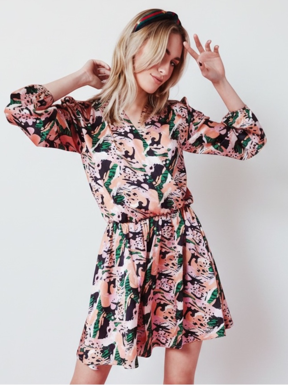 Taylor Tillman NY Jill Floral Wrap Mini Dress Pink Green XS
